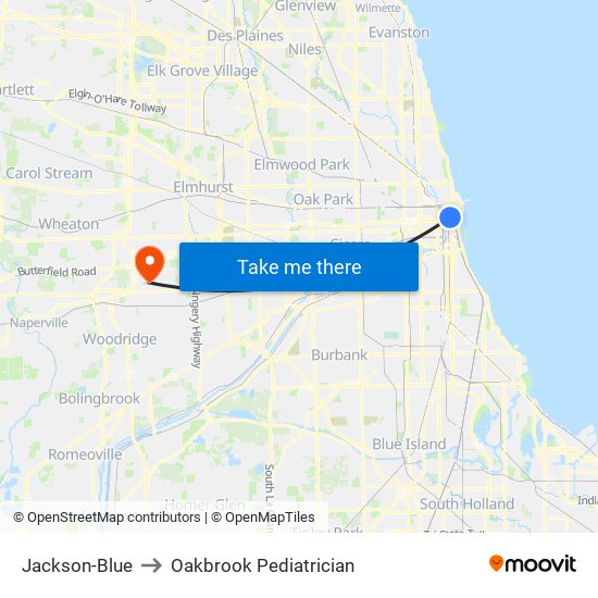 Jackson-Blue to Oakbrook Pediatrician map