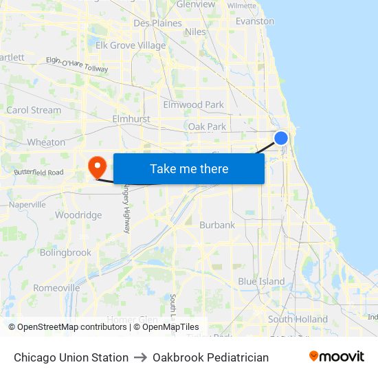 Chicago Union Station to Oakbrook Pediatrician map