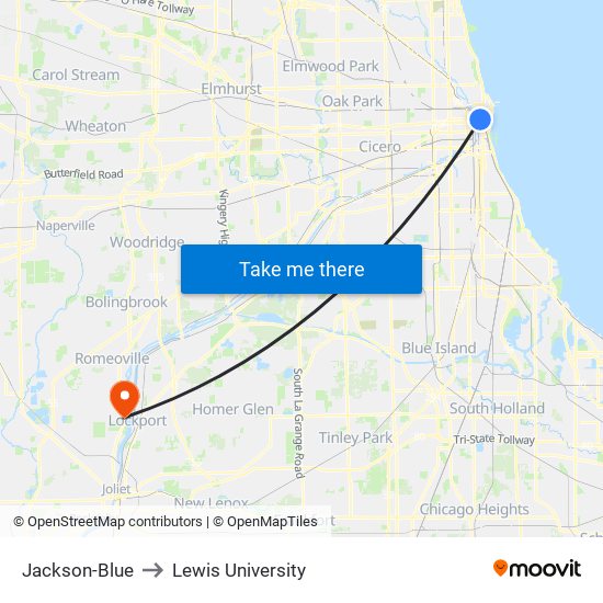 Jackson-Blue to Lewis University map