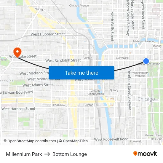 Millennium Park to Bottom Lounge map