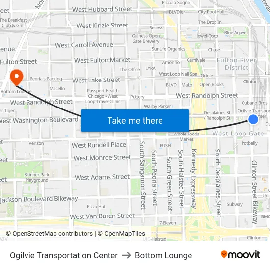 Ogilvie Transportation Center to Bottom Lounge map