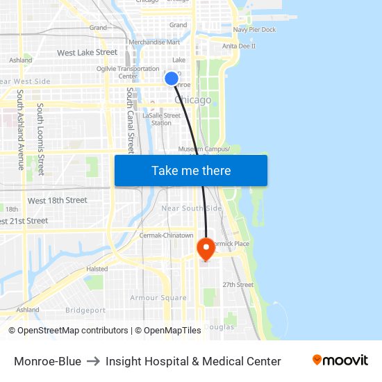 Monroe-Blue to Insight Hospital & Medical Center map