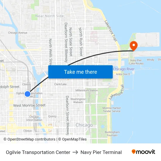 Ogilvie Transportation Center to Navy Pier Terminal map