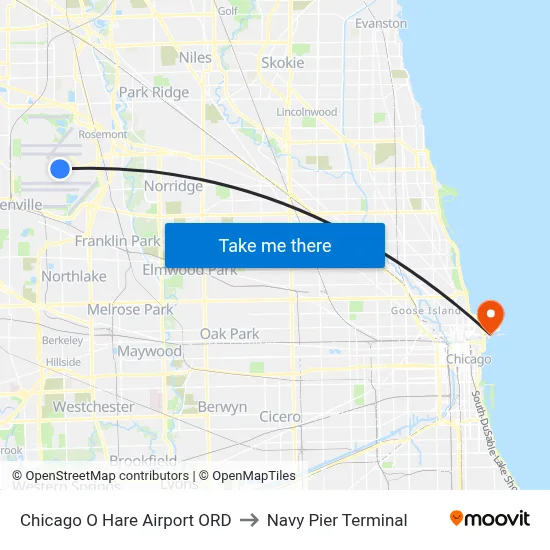 Chicago O Hare Airport ORD to Navy Pier Terminal map