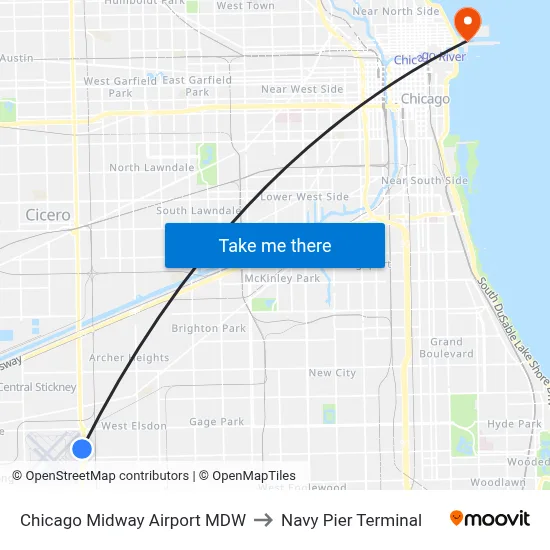 Chicago Midway Airport MDW to Navy Pier Terminal map