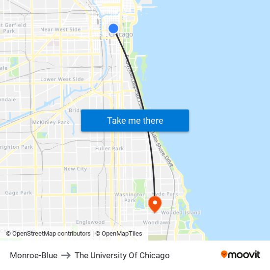 Monroe-Blue to The University Of Chicago map