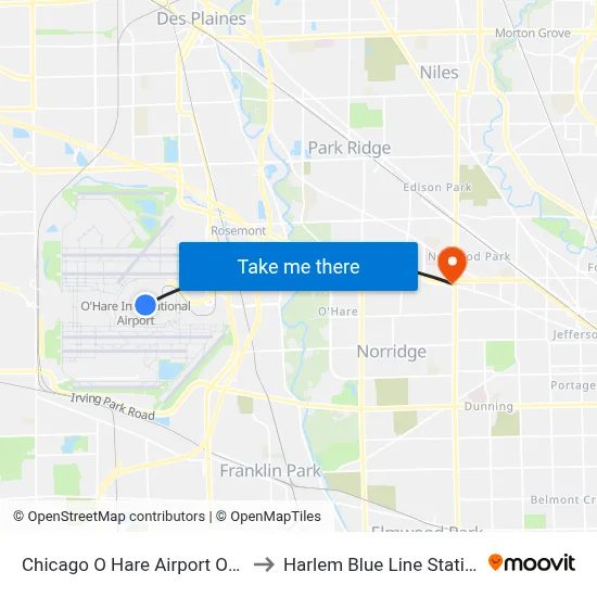 Chicago O Hare Airport ORD to Harlem Blue Line Station map