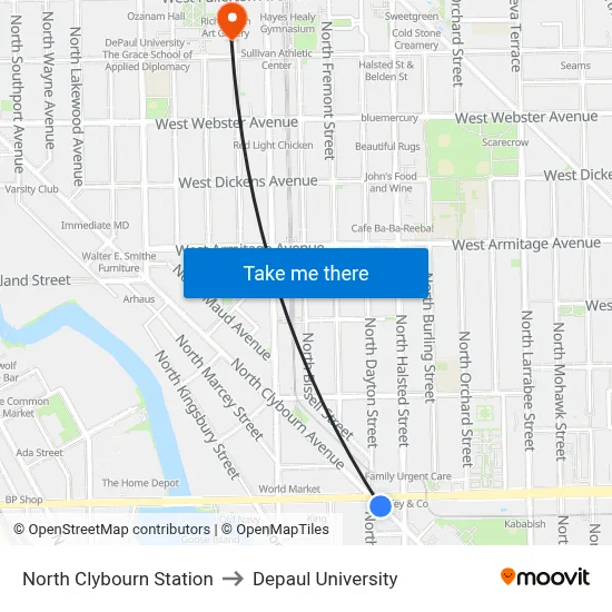 North Clybourn Station to Depaul University map