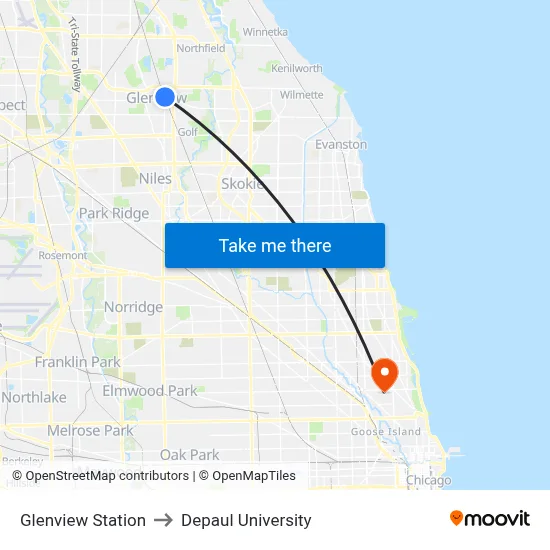Glenview Station to Depaul University map