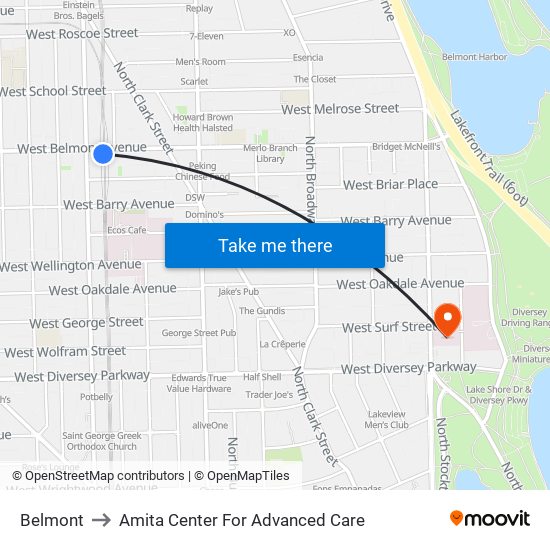 Belmont to Amita Center For Advanced Care map