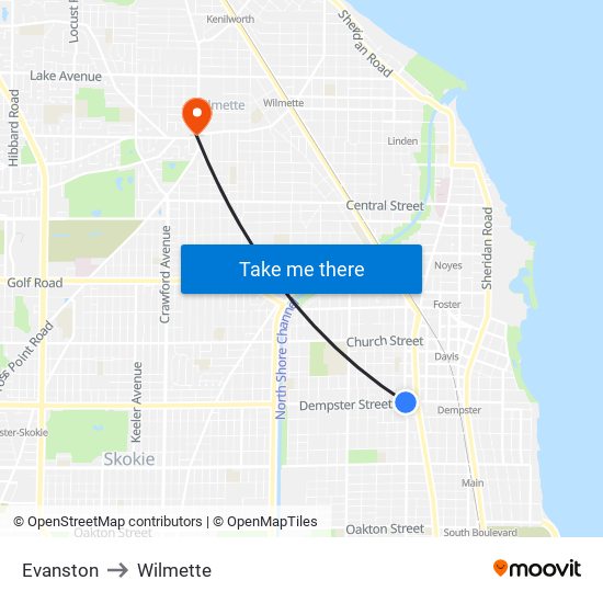 Evanston to Wilmette map