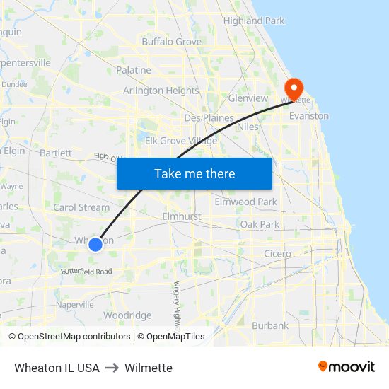 Wheaton IL USA to Wilmette map