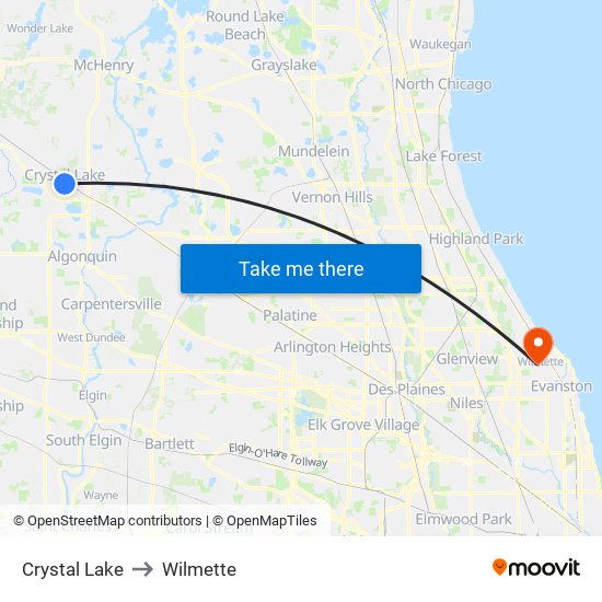 Crystal Lake to Wilmette map