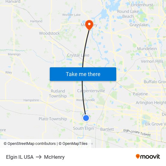 Elgin IL USA to McHenry map