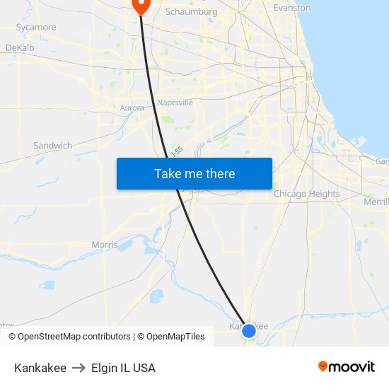 Kankakee to Elgin IL USA map