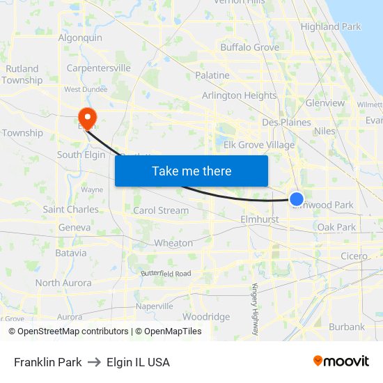 Franklin Park to Elgin IL USA map