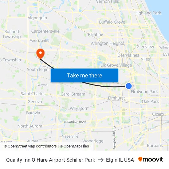 Quality Inn O Hare Airport Schiller Park to Elgin IL USA map