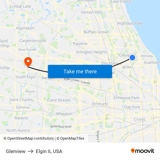 Glenview to Elgin IL USA map