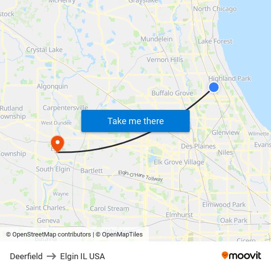 Deerfield to Elgin IL USA map