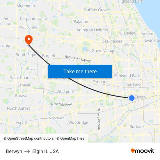 Berwyn to Elgin IL USA map