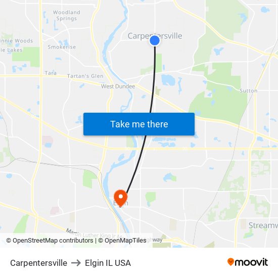 Carpentersville to Elgin IL USA map