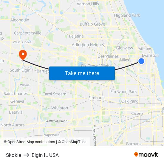 Skokie to Elgin IL USA map