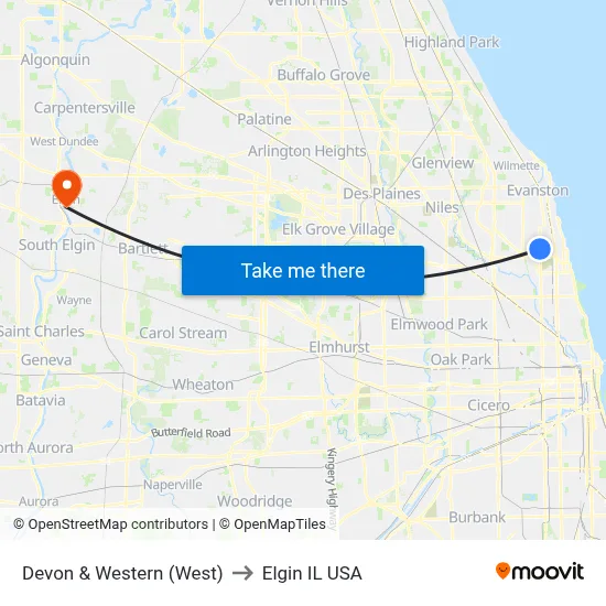 Devon & Western (West) to Elgin IL USA map