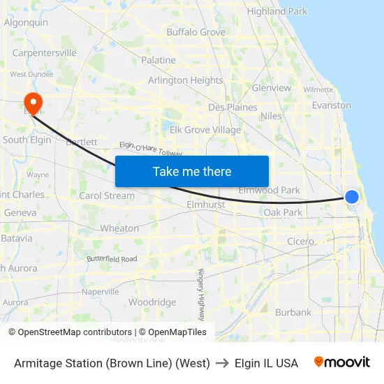 Armitage Station (Brown Line) (West) to Elgin IL USA map