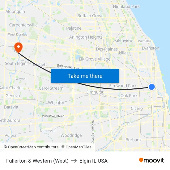 Fullerton & Western (West) to Elgin IL USA map