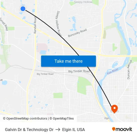 Galvin Dr & Technology Dr to Elgin IL USA map