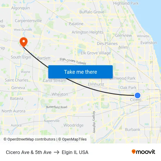 Cicero Ave & 5th Ave to Elgin IL USA map