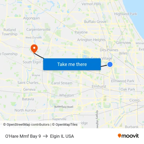 O'Hare Mmf Bay 9 to Elgin IL USA map