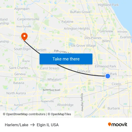 Harlem/Lake to Elgin IL USA map