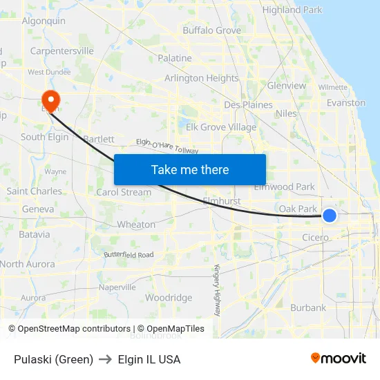 Pulaski (Green) to Elgin IL USA map