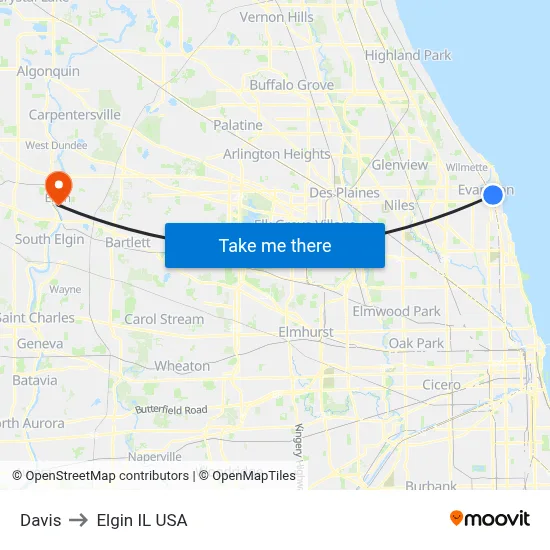 Davis to Elgin IL USA map
