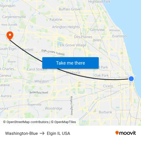 Washington-Blue to Elgin IL USA map