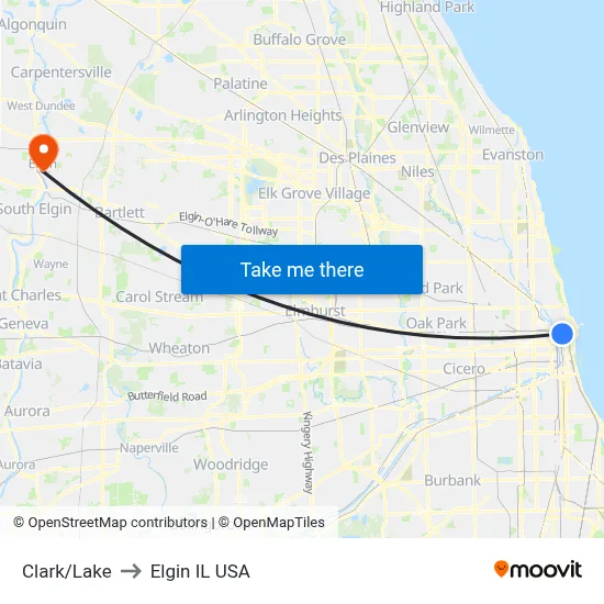 Clark/Lake to Elgin IL USA map