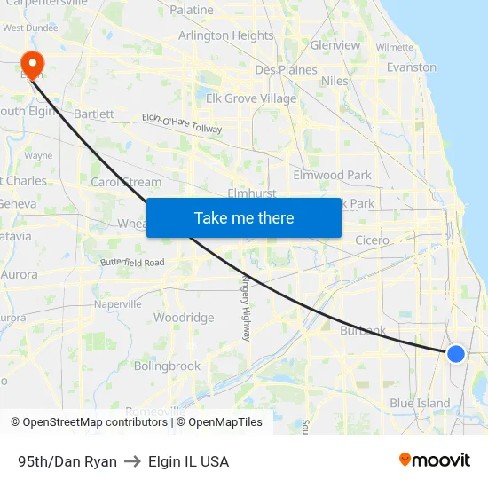 95th/Dan Ryan to Elgin IL USA map