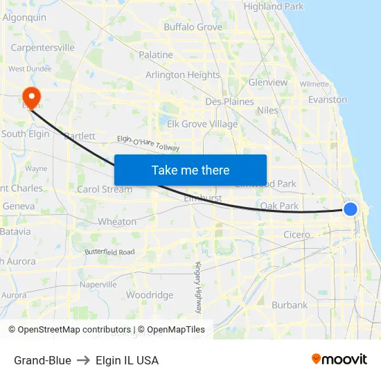 Grand-Blue to Elgin IL USA map