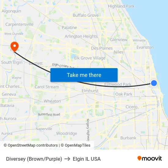 Diversey (Brown/Purple) to Elgin IL USA map