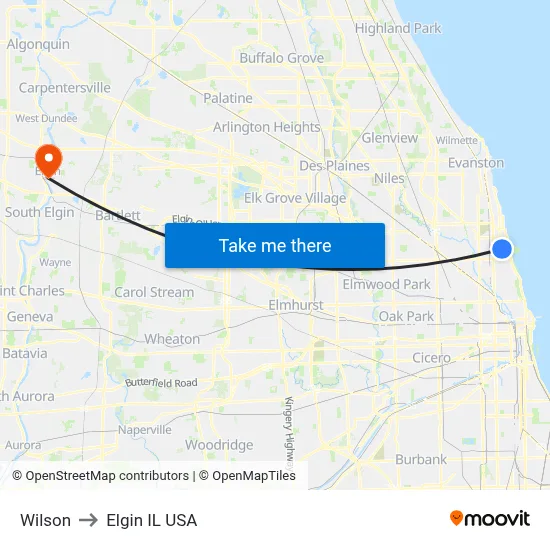 Wilson to Elgin IL USA map