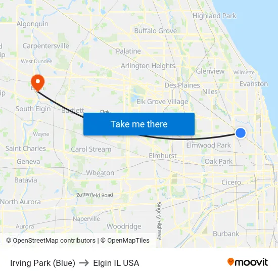 Irving Park (Blue) to Elgin IL USA map