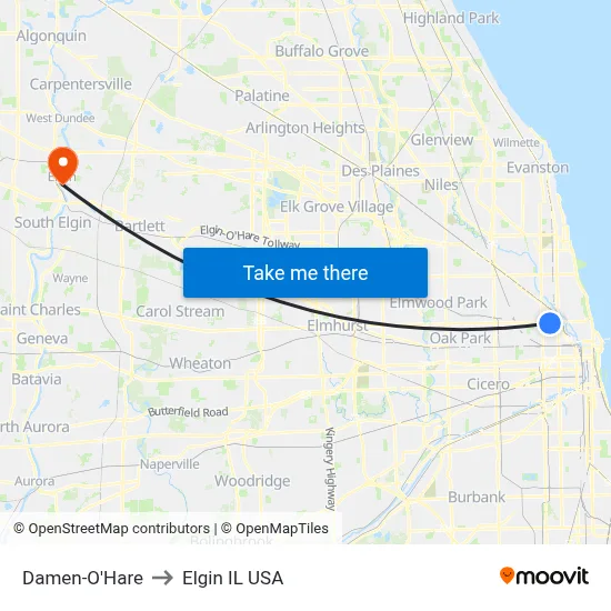 Damen-O'Hare to Elgin IL USA map