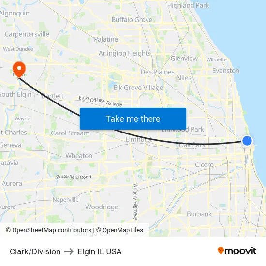 Clark/Division to Elgin IL USA map