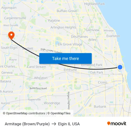 Armitage (Brown/Purple) to Elgin IL USA map