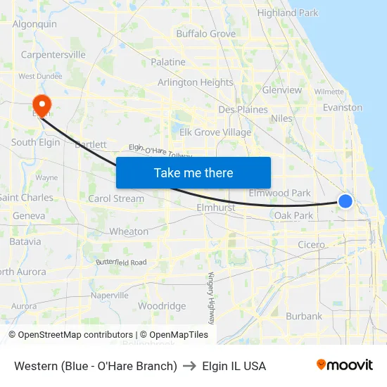Western (Blue - O'Hare Branch) to Elgin IL USA map