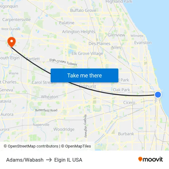 Adams/Wabash to Elgin IL USA map
