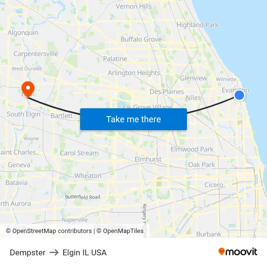 Dempster to Elgin IL USA map