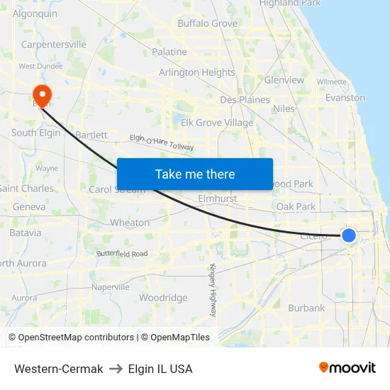 Western-Cermak to Elgin IL USA map
