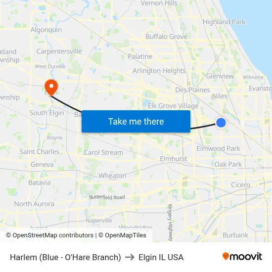 Harlem (Blue - O'Hare Branch) to Elgin IL USA map
